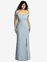 Front View Thumbnail - Mist Off-the-Shoulder Criss Cross Back Trumpet Gown