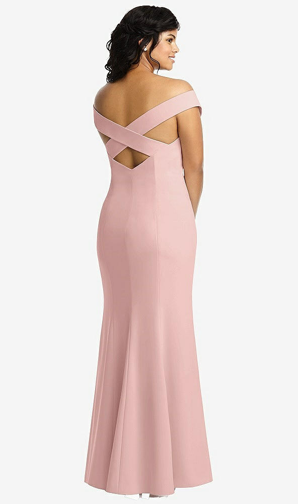 Back View - Rose Off-the-Shoulder Criss Cross Back Trumpet Gown