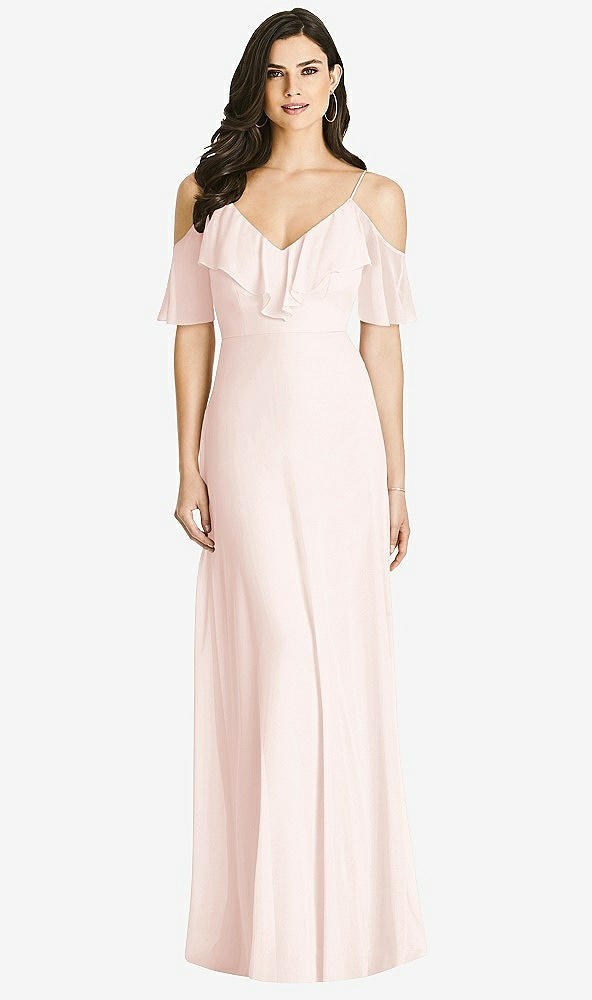 Front View - Blush Ruffled Cold-Shoulder Chiffon Maxi Dress