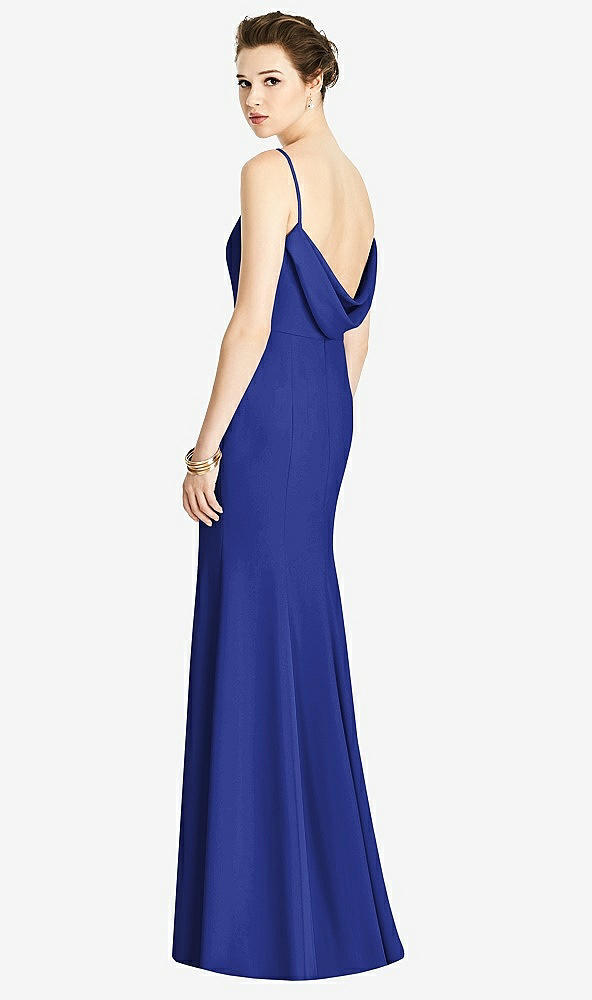 bateau-neck open cowl-back trumpet gown