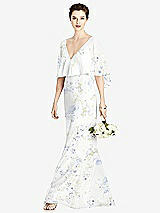 Front View Thumbnail - Bleu Garden V-Back Trumpet Gown with Draped Cape Overlay