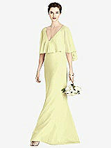 Front View Thumbnail - Butter Yellow V-Back Trumpet Gown with Draped Cape Overlay