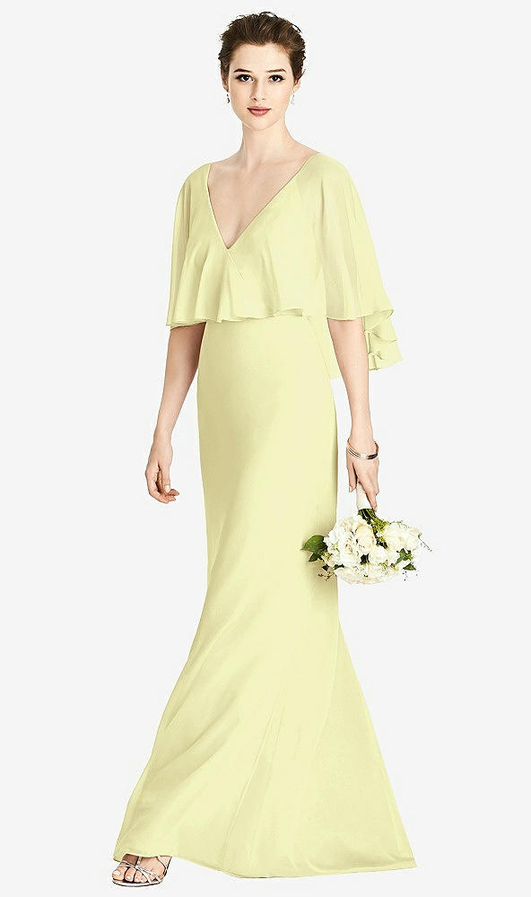 Front View - Butter Yellow V-Back Trumpet Gown with Draped Cape Overlay