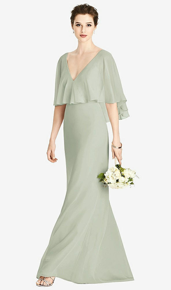 Front View - Celadon V-Back Trumpet Gown with Draped Cape Overlay