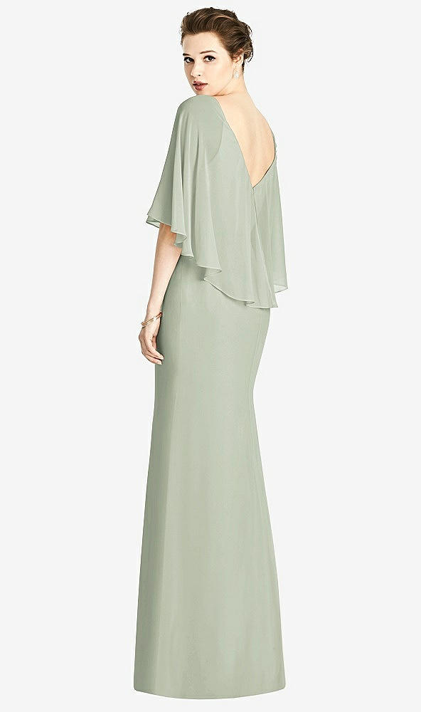 Back View - Celadon V-Back Trumpet Gown with Draped Cape Overlay