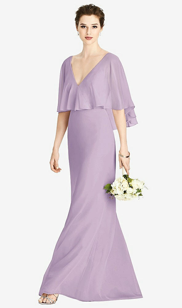 Front View - Pale Purple V-Back Trumpet Gown with Draped Cape Overlay