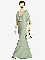 Front View Thumbnail - Sage V-Back Trumpet Gown with Draped Cape Overlay