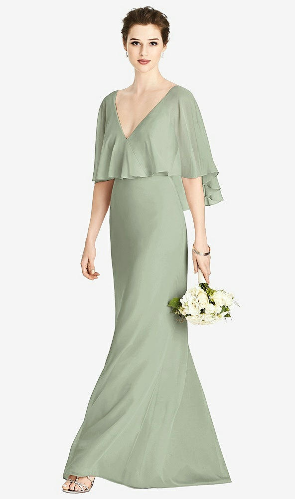 Front View - Sage V-Back Trumpet Gown with Draped Cape Overlay