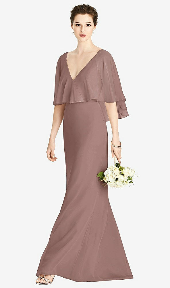 Front View - Sienna V-Back Trumpet Gown with Draped Cape Overlay