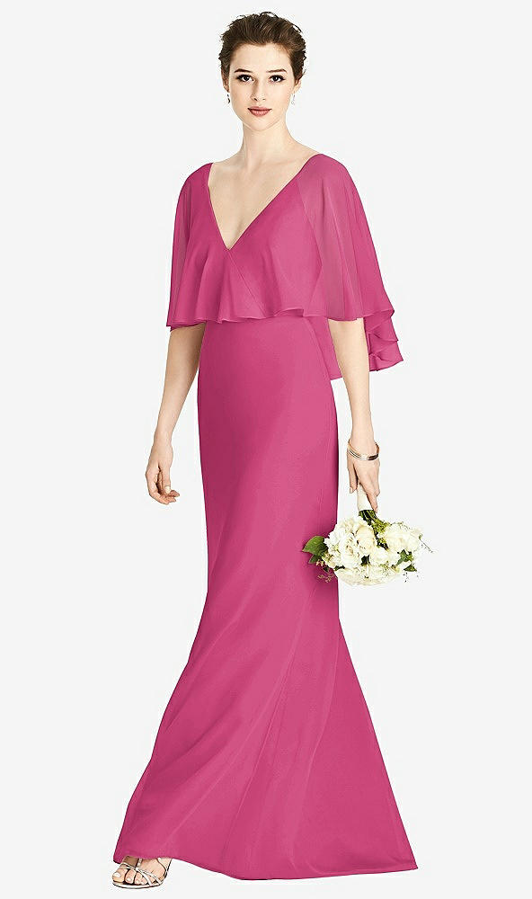 Front View - Tea Rose V-Back Trumpet Gown with Draped Cape Overlay