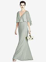 Front View Thumbnail - Willow Green V-Back Trumpet Gown with Draped Cape Overlay