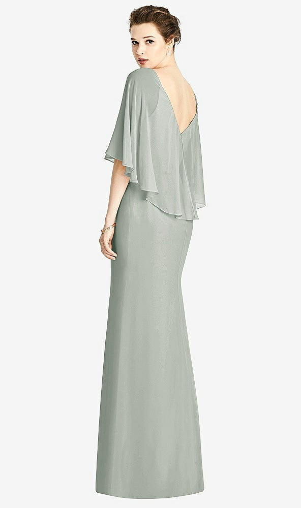 Back View - Willow Green V-Back Trumpet Gown with Draped Cape Overlay