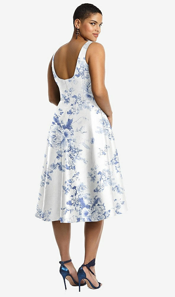 Back View - Cottage Rose Larkspur Bateau Neck High Low Floral Satin Cocktail Dress