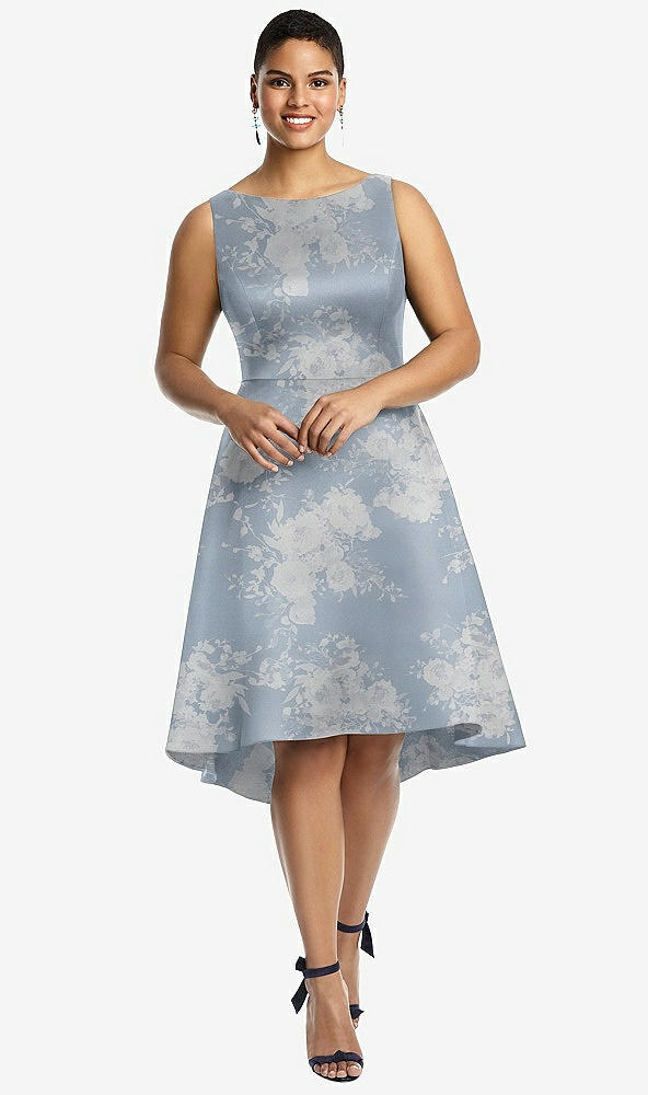 Front View - Porcelain Blue Seraphina Floral Bateau Neck High Low Floral Satin Cocktail Dress