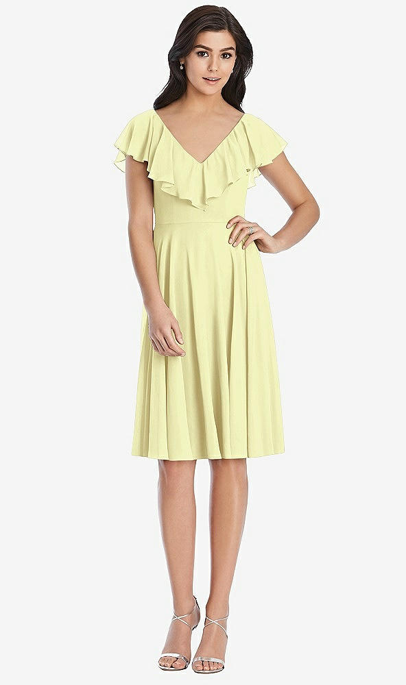 Front View - Butter Yellow Midi Natural Waist Ruffled VNeck Dress