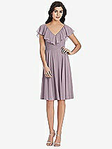 Front View Thumbnail - Lilac Dusk Midi Natural Waist Ruffled VNeck Dress