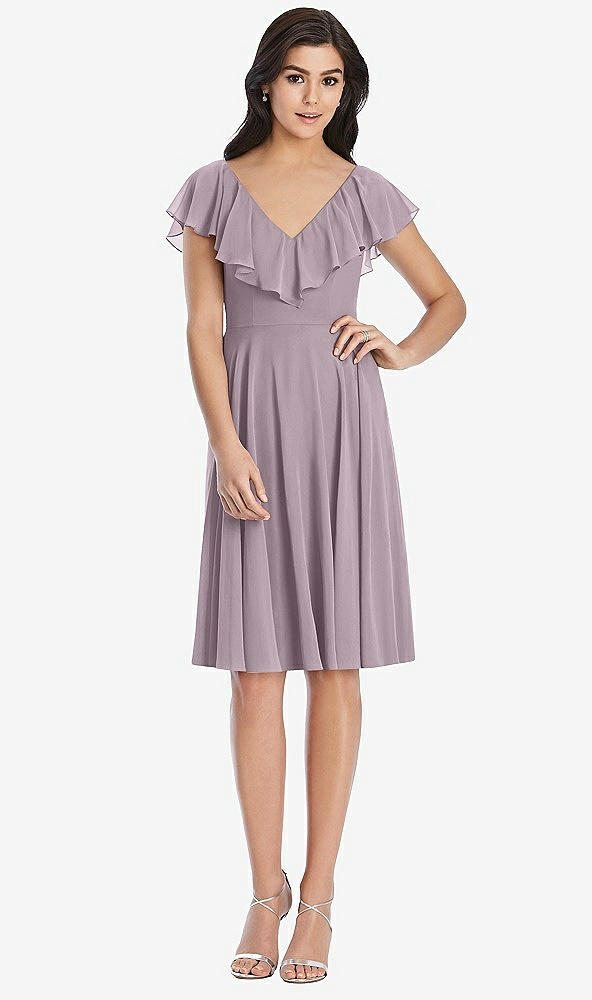 Front View - Lilac Dusk Midi Natural Waist Ruffled VNeck Dress