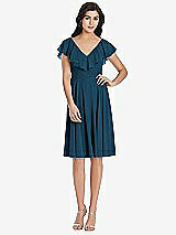 Front View Thumbnail - Atlantic Blue Midi Natural Waist Ruffled VNeck Dress