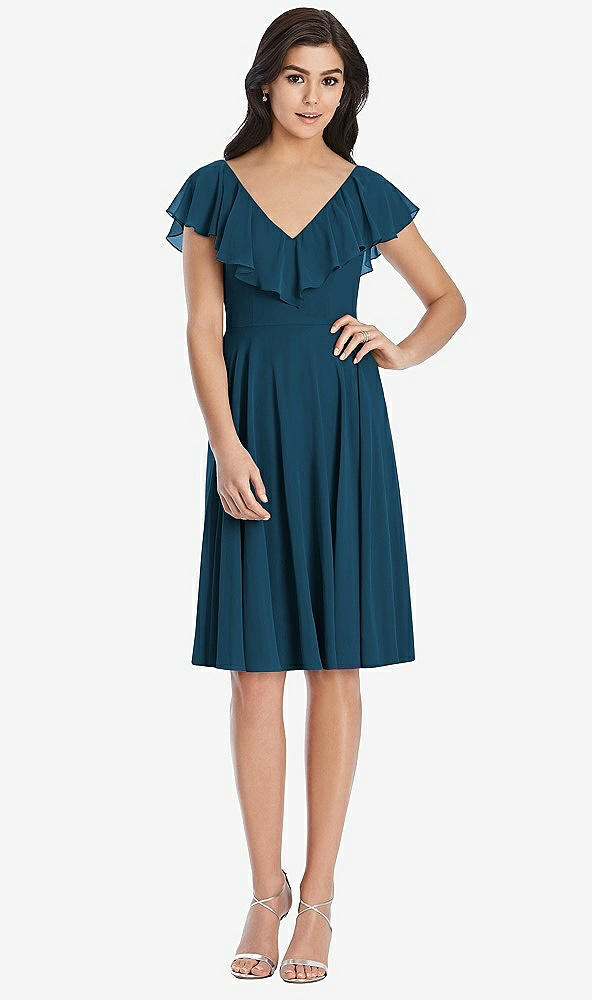 Front View - Atlantic Blue Midi Natural Waist Ruffled VNeck Dress