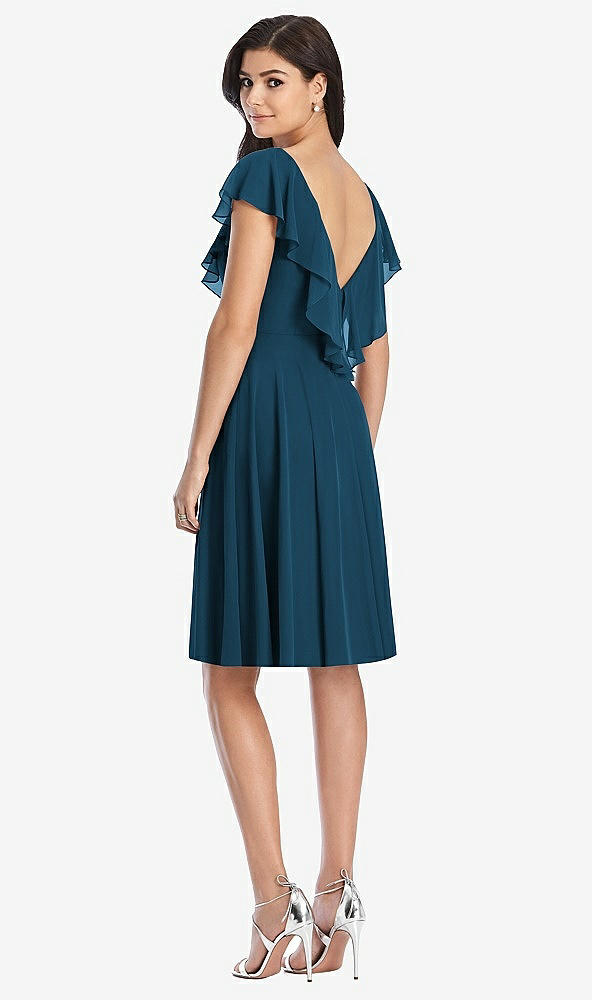 Back View - Atlantic Blue Midi Natural Waist Ruffled VNeck Dress