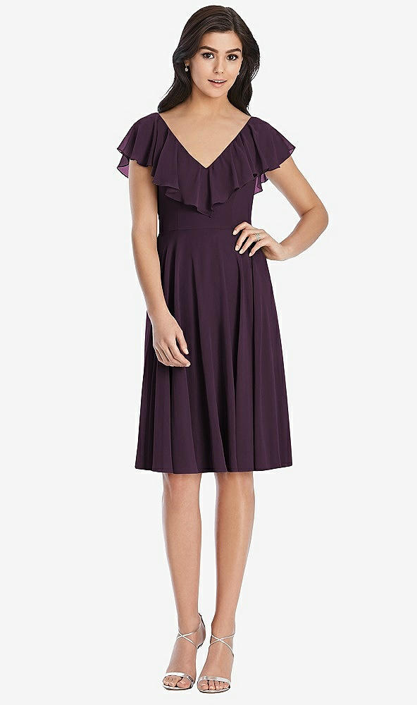 Front View - Aubergine Midi Natural Waist Ruffled VNeck Dress