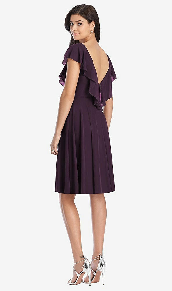 Back View - Aubergine Midi Natural Waist Ruffled VNeck Dress