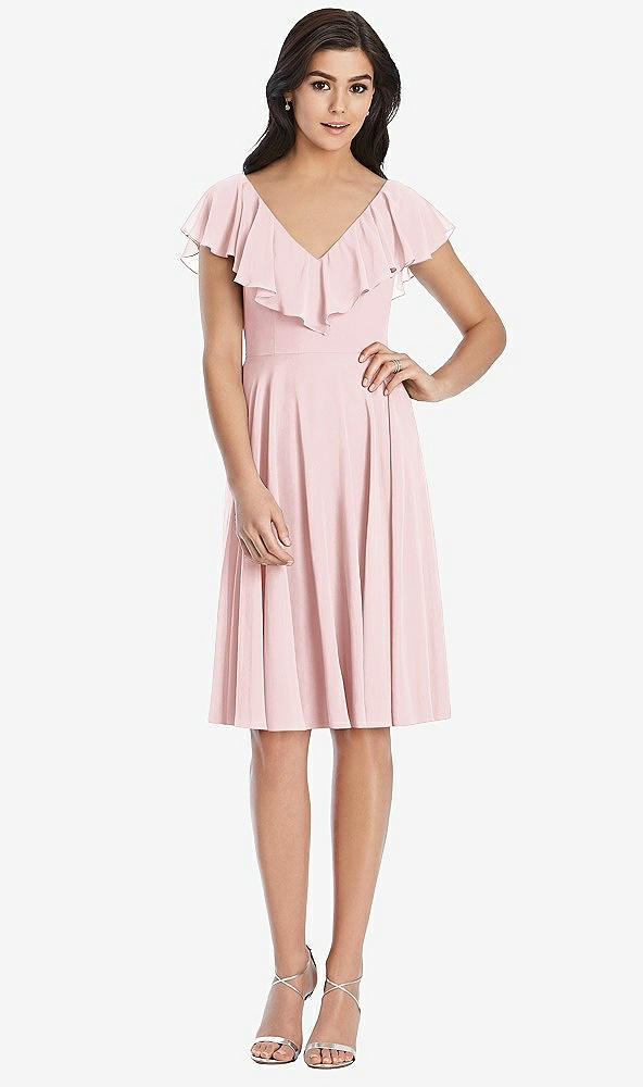 Front View - Ballet Pink Midi Natural Waist Ruffled VNeck Dress