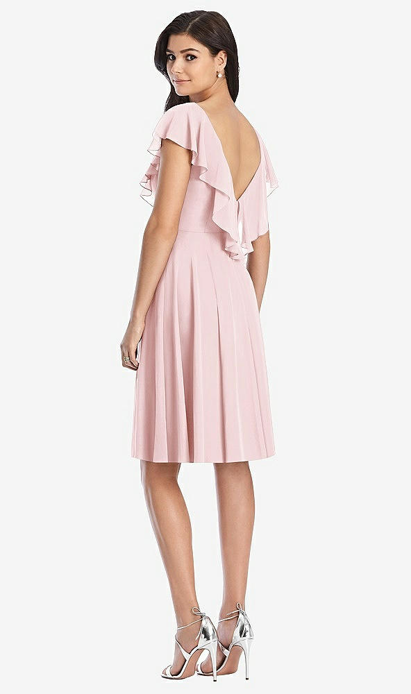 Back View - Ballet Pink Midi Natural Waist Ruffled VNeck Dress