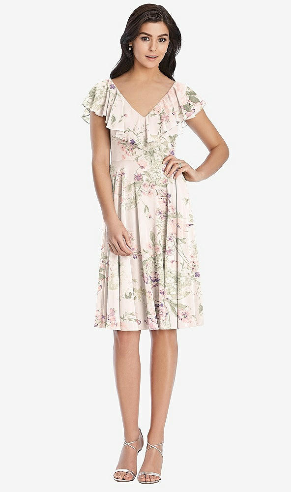 Front View - Blush Garden Midi Natural Waist Ruffled VNeck Dress