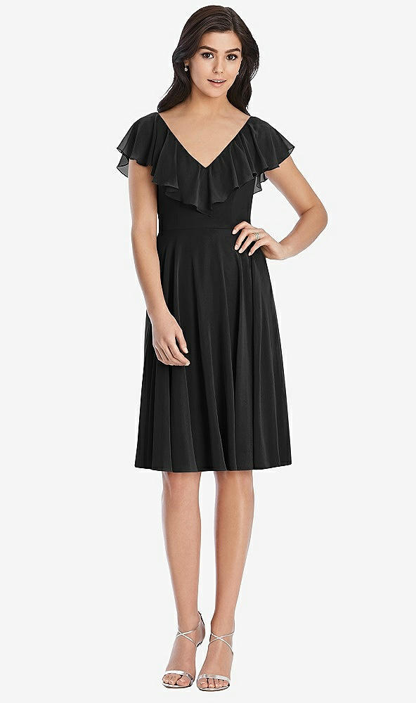 Front View - Black Midi Natural Waist Ruffled VNeck Dress