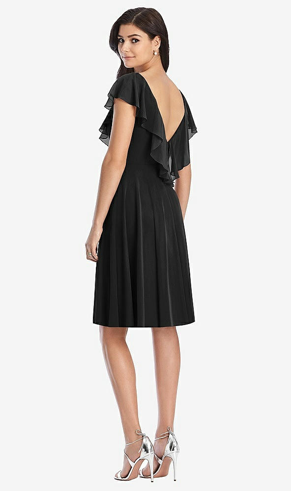 Back View - Black Midi Natural Waist Ruffled VNeck Dress