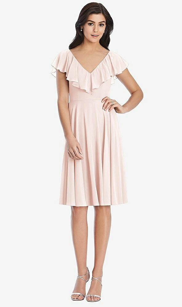 Front View - Blush Midi Natural Waist Ruffled VNeck Dress