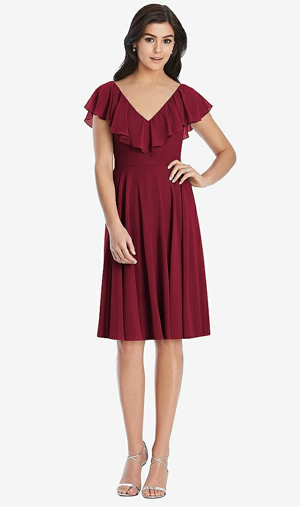 Front View - Burgundy Midi Natural Waist Ruffled VNeck Dress