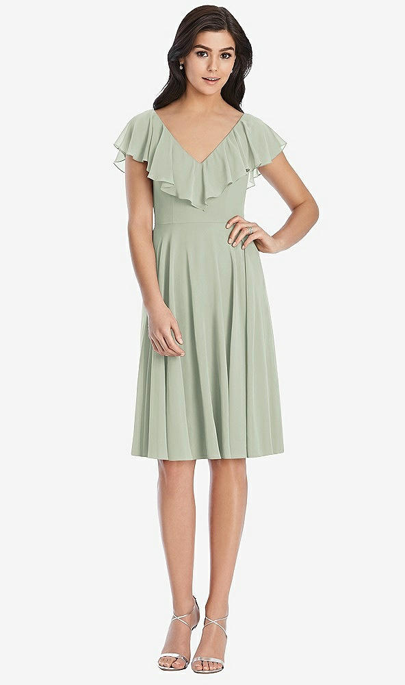 Front View - Celadon Midi Natural Waist Ruffled VNeck Dress