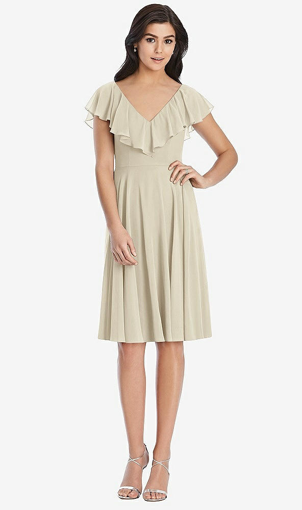 Front View - Champagne Midi Natural Waist Ruffled VNeck Dress