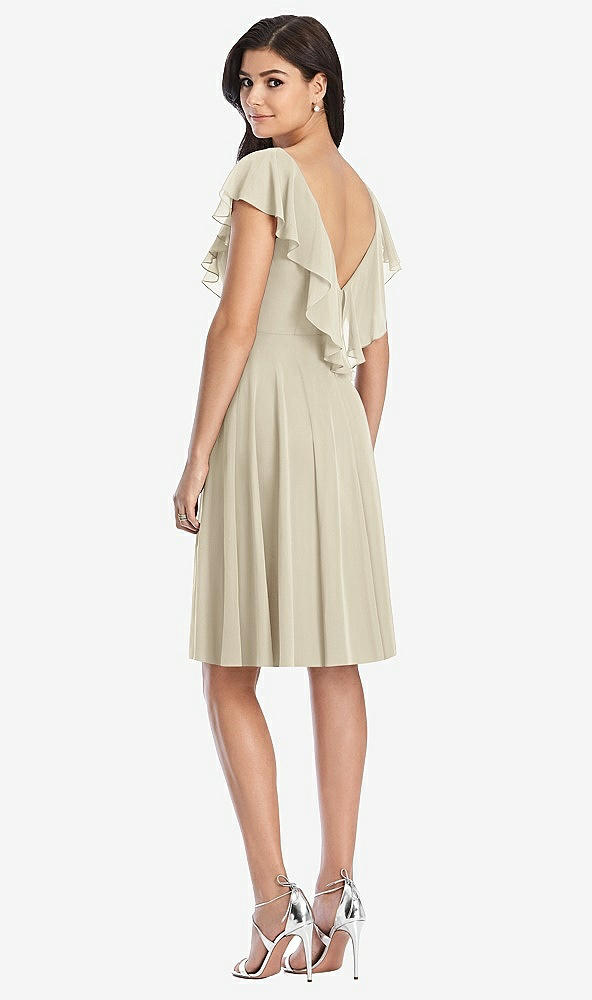 Back View - Champagne Midi Natural Waist Ruffled VNeck Dress