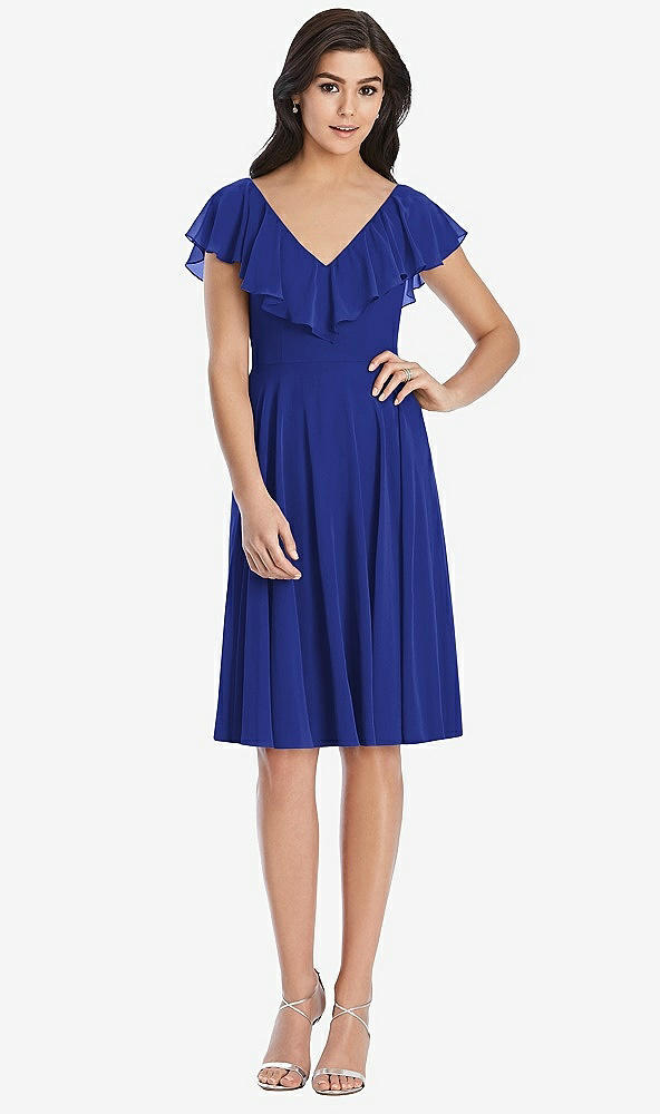 Front View - Cobalt Blue Midi Natural Waist Ruffled VNeck Dress