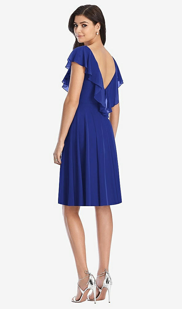 Back View - Cobalt Blue Midi Natural Waist Ruffled VNeck Dress