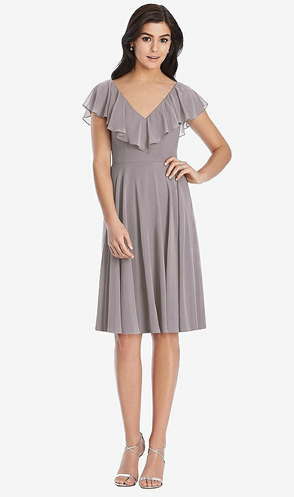 Front View - Cashmere Gray Midi Natural Waist Ruffled VNeck Dress