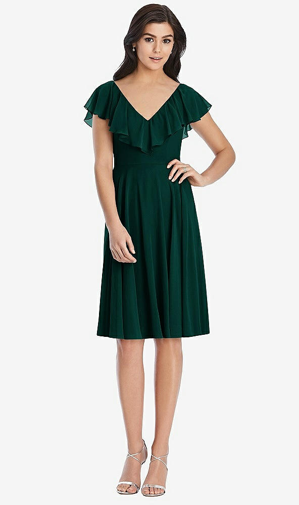 Front View - Evergreen Midi Natural Waist Ruffled VNeck Dress