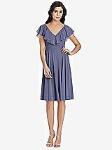 Front View Thumbnail - French Blue Midi Natural Waist Ruffled VNeck Dress