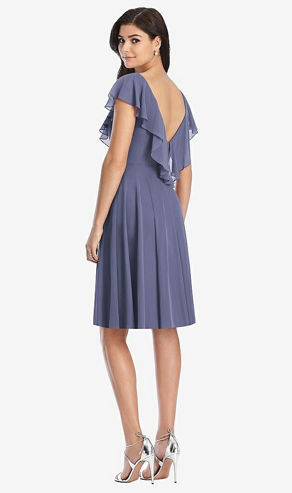 Back View - French Blue Midi Natural Waist Ruffled VNeck Dress