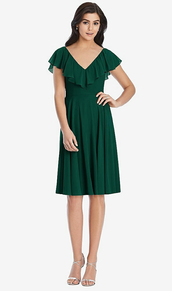 Front View - Hunter Green Midi Natural Waist Ruffled VNeck Dress