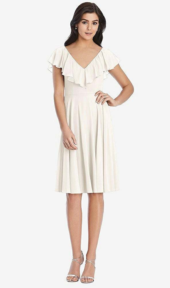 Front View - Ivory Midi Natural Waist Ruffled VNeck Dress