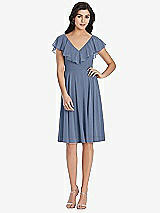 Front View Thumbnail - Larkspur Blue Midi Natural Waist Ruffled VNeck Dress