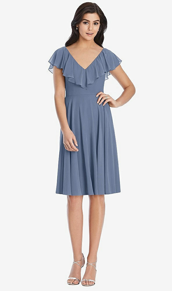 Front View - Larkspur Blue Midi Natural Waist Ruffled VNeck Dress