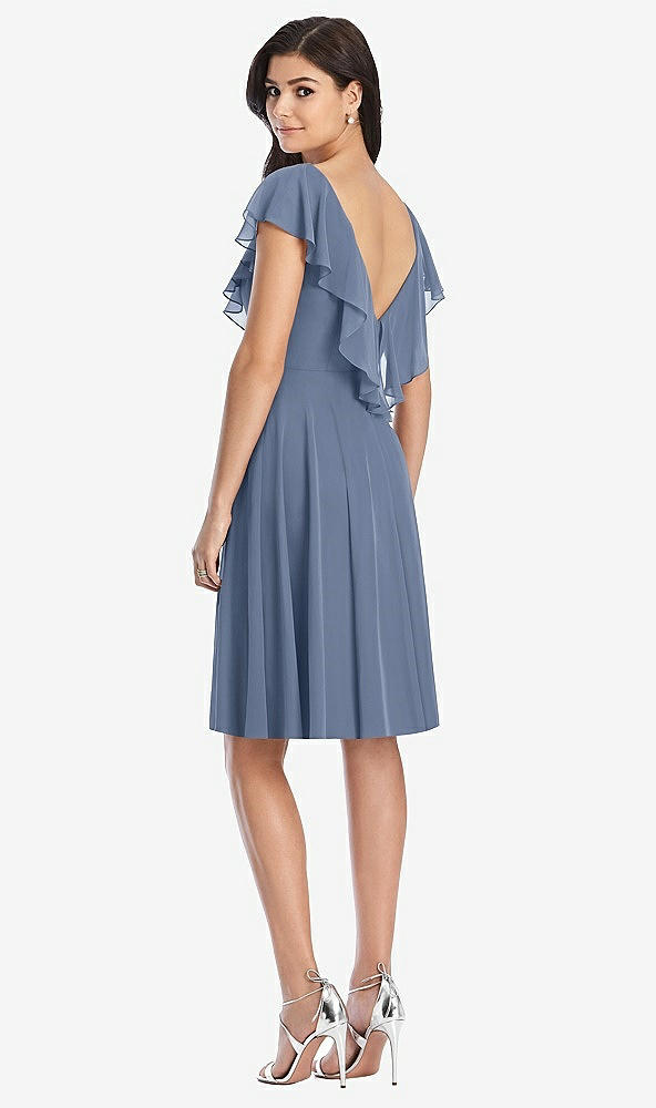 Back View - Larkspur Blue Midi Natural Waist Ruffled VNeck Dress