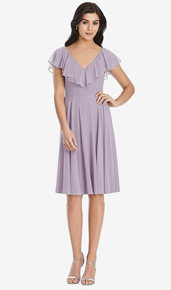 Front View - Lilac Haze Midi Natural Waist Ruffled VNeck Dress