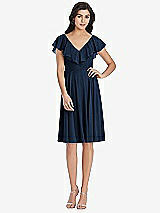 Front View Thumbnail - Midnight Navy Midi Natural Waist Ruffled VNeck Dress