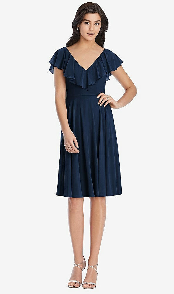 Front View - Midnight Navy Midi Natural Waist Ruffled VNeck Dress